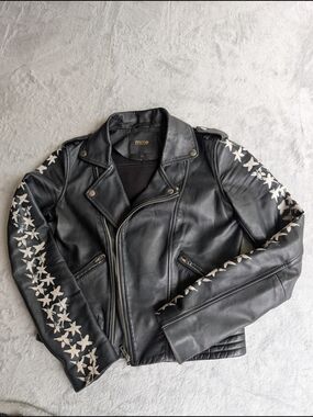 Maje Black Leather Star-Embroidered Biker Jacket